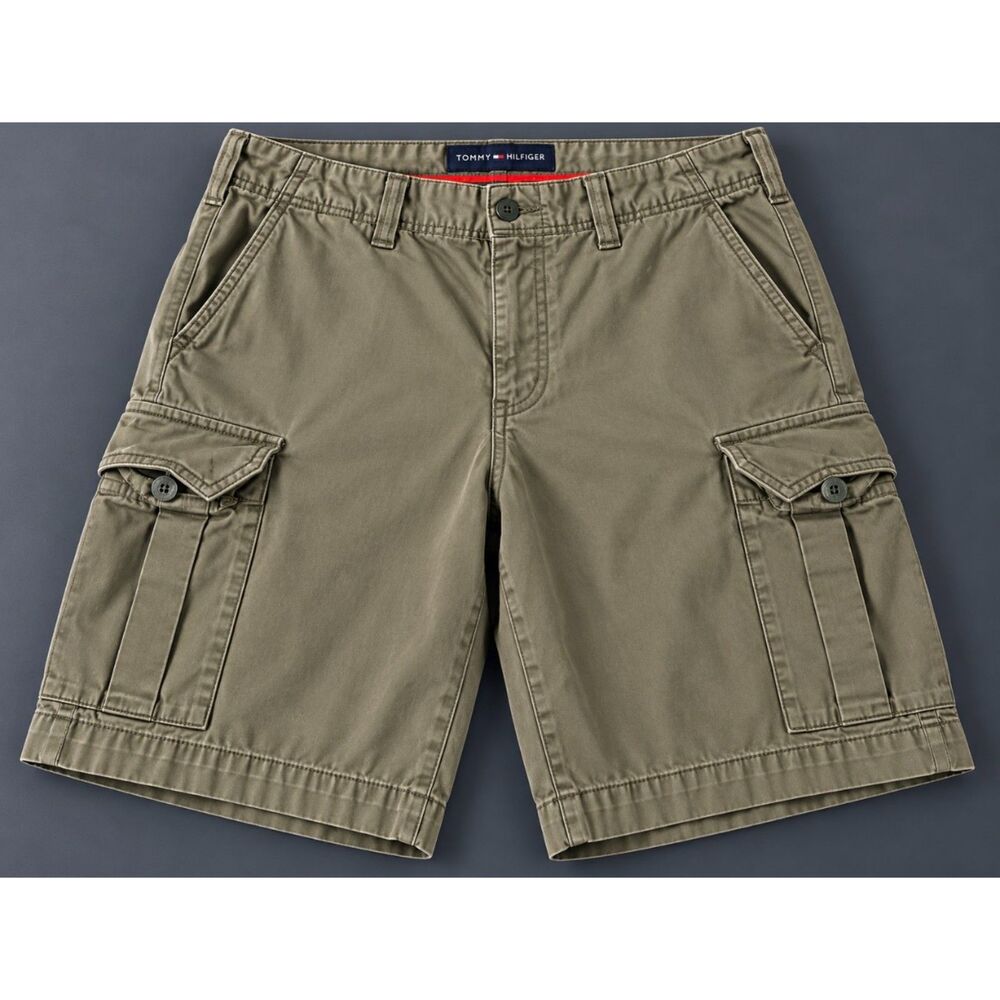 Tommy Hilfiger Men’s Cargo Shorts Size 34 Khaki Olive 100% Cotton Utility